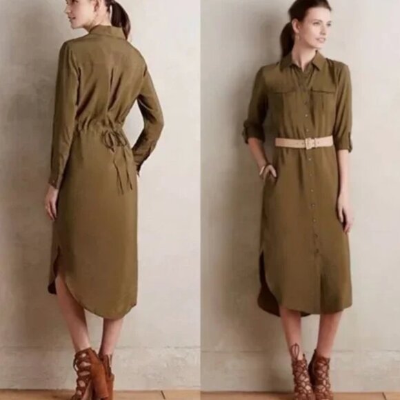 Anthropologie Maeve Olive Green Button Front Drawstring Shirt Dress - Picture 2 of 15